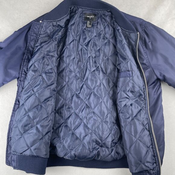 Forever 21 Jacket Mens L Navy Bomber Quilted Lined Zip Front Ribbed Hem‎ Fall - Picture 4 of 11